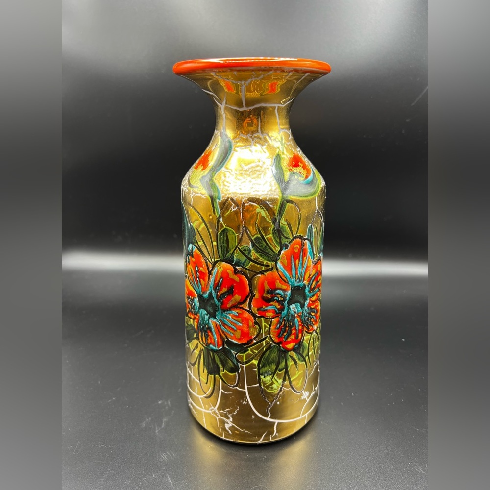 Italian Mid Century Vintage Hand Painted Gold Ceramic Vase see all photos
